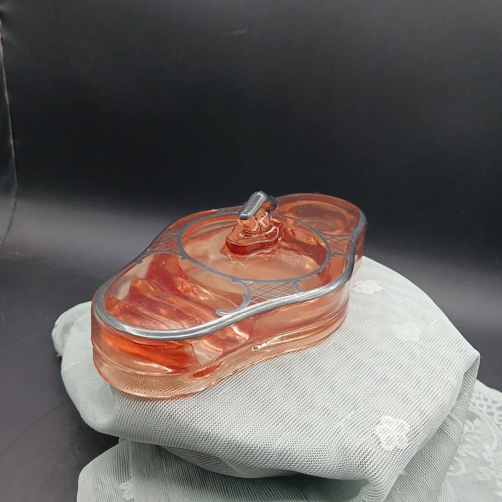 Cambridge Pink Depression Glass Vanity Holder Dresser Compact Silver Overlay lid